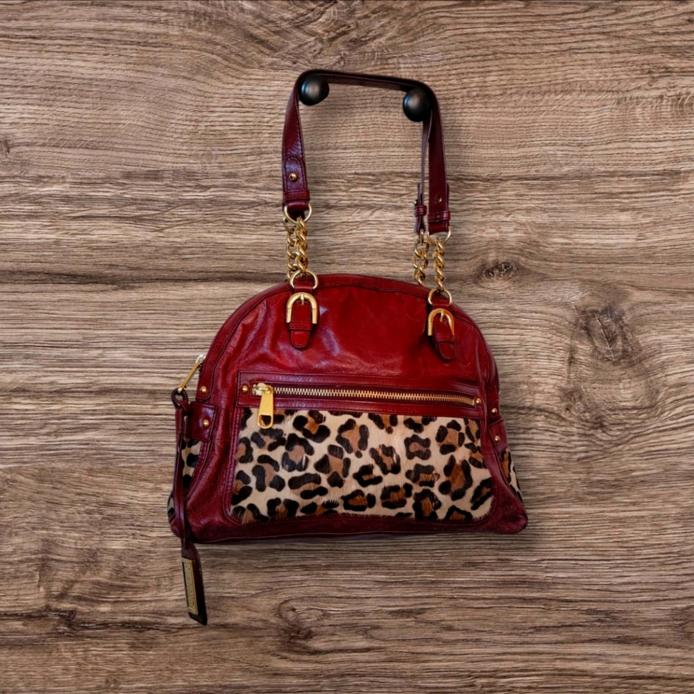 Badgley & Mishka American Glamour Leopard Print and Burgundy Leather Women's Bag